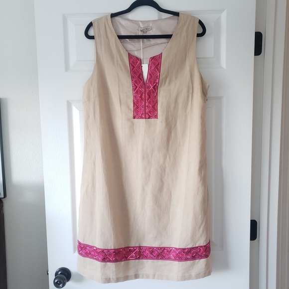 Sweet Miss Dresses & Skirts - Sweet Miss XL Tan Linen Cotton Dress Pink Sequin Sleeveless Midi Dress Shift #3